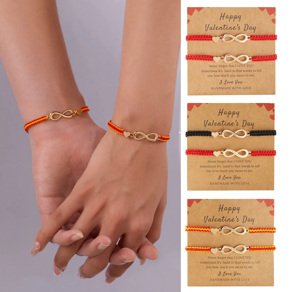 2pcs/set Classic Heart Infinity Bracelet for Women Men Black Red String Couple Bracelets Handmade Jewelry Valentine's Day Gift